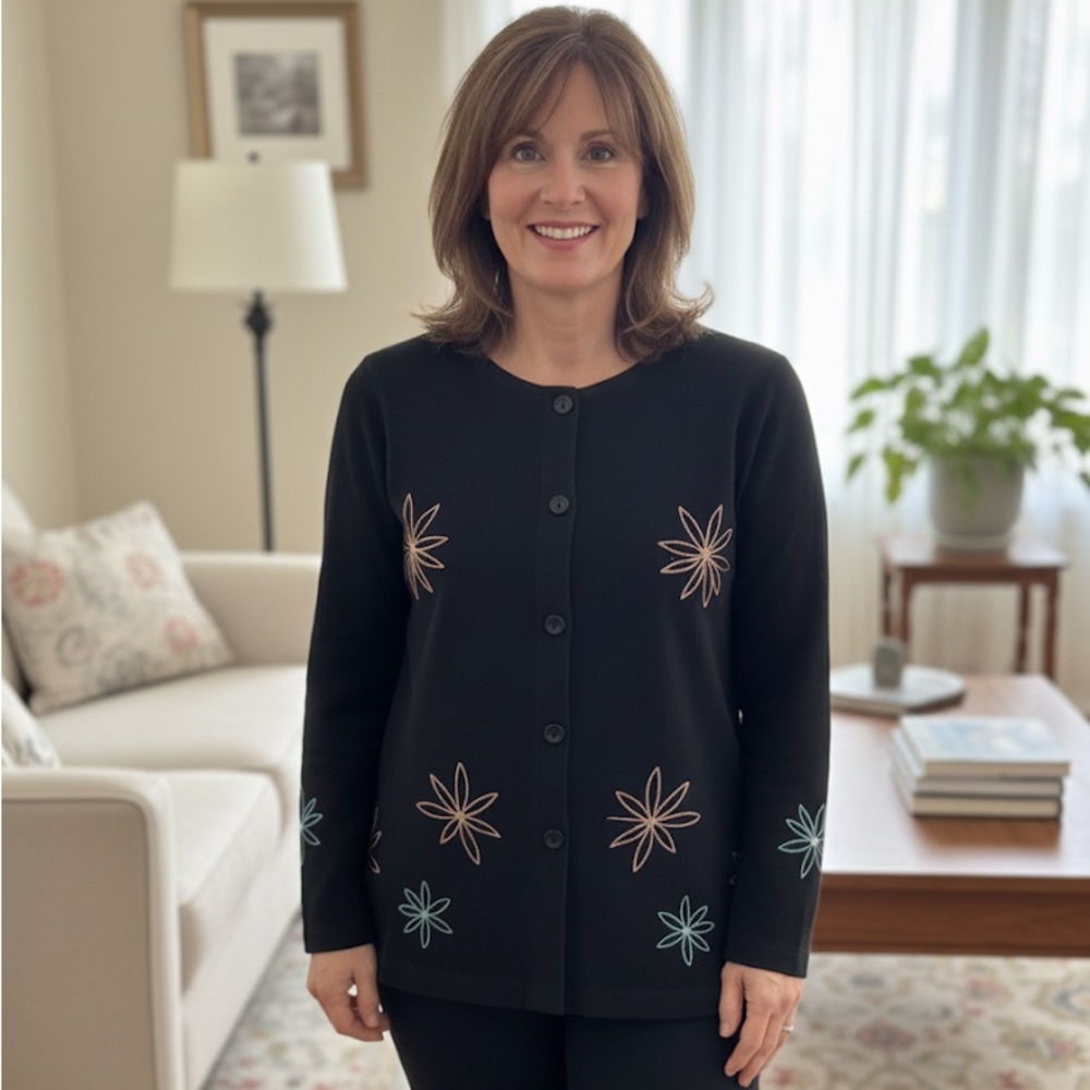 Trinity Black Cardigan with Vibrant Embroidery